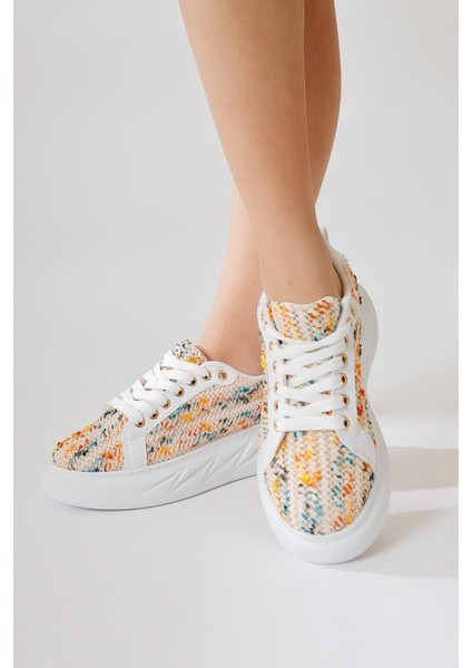 Silfa Beyaz Örgü Desenli Yüksek Taban Bağcıklı Sneakers