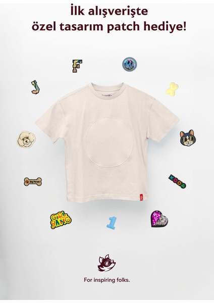 Unisex, 100% Koton, Çocuk, Oversize, Janti Fox Patchleriyle Tasarlanabilir Bej T-Shirt