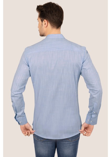 Açık Mavi Hakim Yaka Keten Üç Düğmeli Erkek Gömlek
