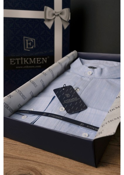 Açık Mavi Hakim Yaka Keten Üç Düğmeli Erkek Gömlek fırsatları