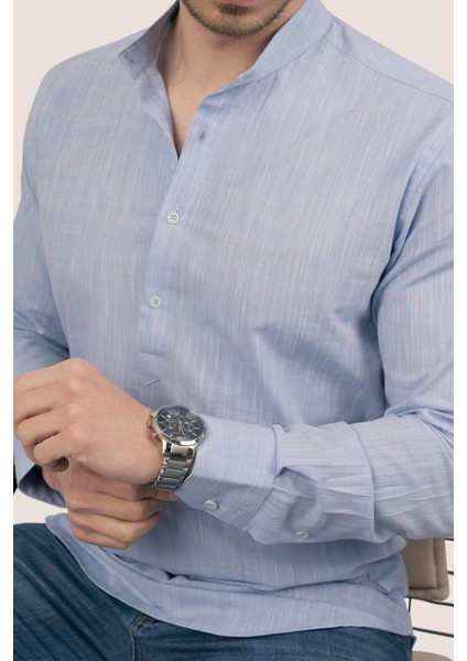 Açık Mavi Hakim Yaka Keten Üç Düğmeli Erkek Gömlek