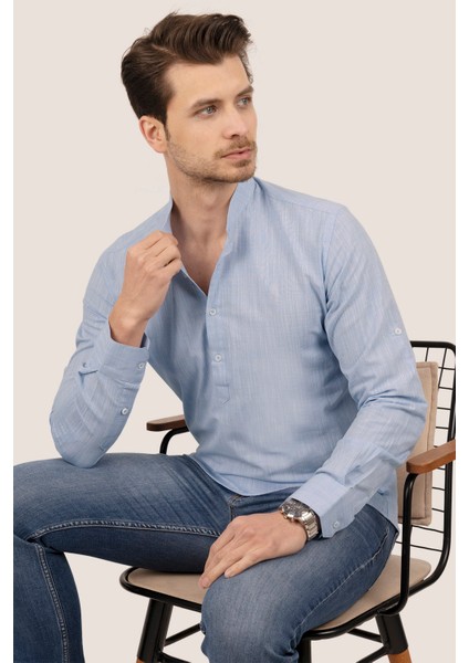 Açık Mavi Hakim Yaka Keten Üç Düğmeli Erkek Gömlek