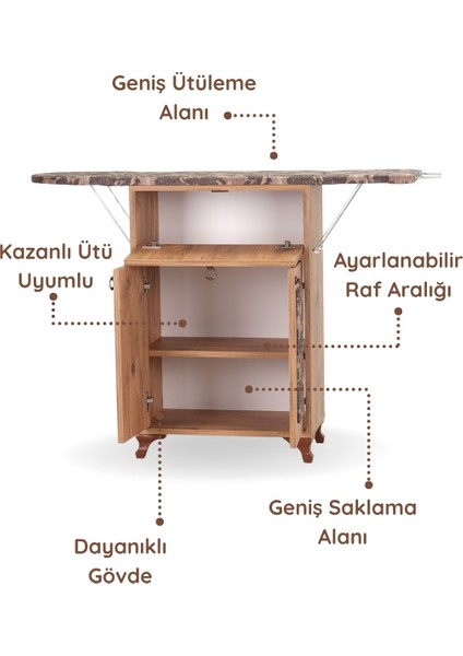 Rose Çam Katlanır Dolaplı Ütü Masası Kahverengi Çiçek Desenli