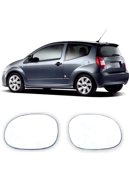 Citroen C2 2003-2009 Uyumlu Sağ + Sol Takım Dış Dikiz Aynası Camı Elektrikli Isıtmalı 2 Adet