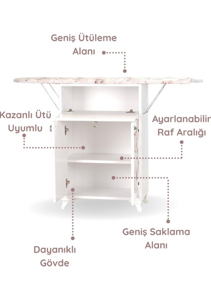 Rose Beyaz Katlanır Dolaplı Ütü Masası Kahverengi Çiçek Desenli