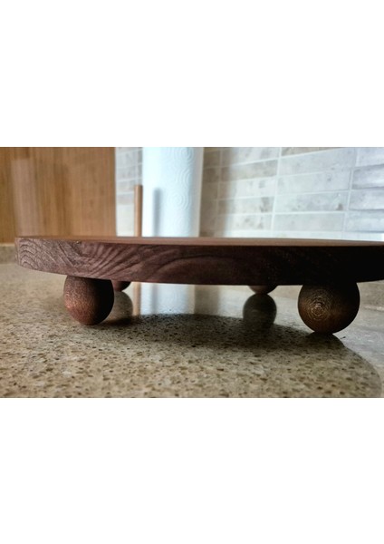Yuvarlak Ayaklı Sunum Tahtası - 28 cm - Koyu Kahverengi