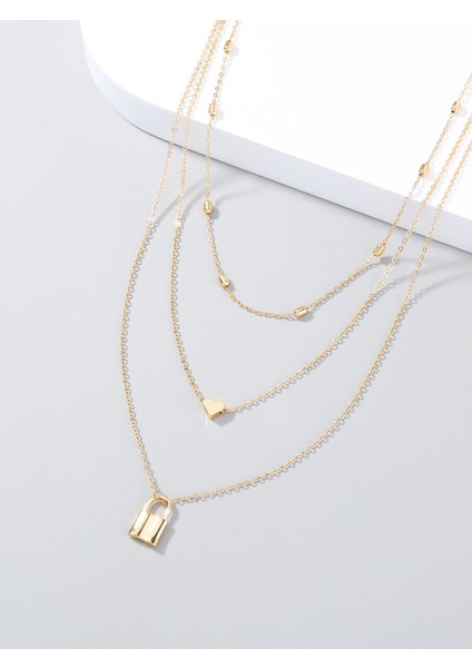 Altın Renkli Kilit ve Kalp Charm Katmanlı Kolye Yeni Çokça Tercih Edilen Moda fiyatları