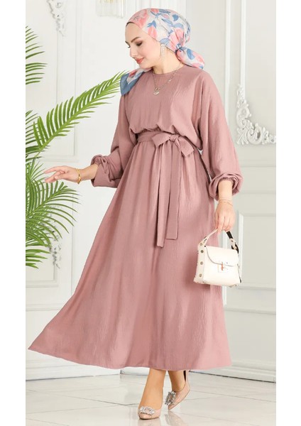 Kadın Giyim Abiye Moda Beli Lastikli Kuşaklı Elbise 2590