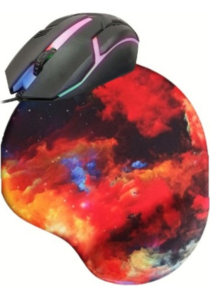 Oval Renkli Bilek Destekli Mouse Pad - LED Işıklı 3D Gaming Tip Kablolu Mouse Bilgisayar Faresi Notebook Pc Uyumlu Oyuncu Mause
