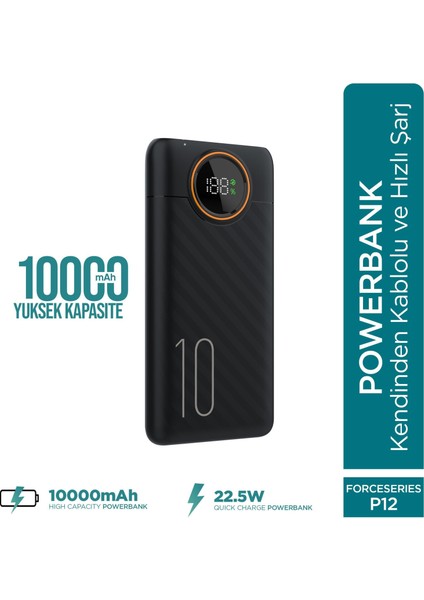 Force P12 10000MAH 22.5W Hızlı Şarj Cihazı - Fast Powerbank - Dijital Ekran - Taşınabilir Şarj Cihazı