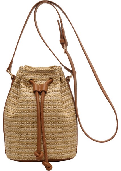 Hasır Çanta Vintage Moda Kova Çanta Dokuma Tek Omuz Çapraz Çanta (Yurt Dışından)