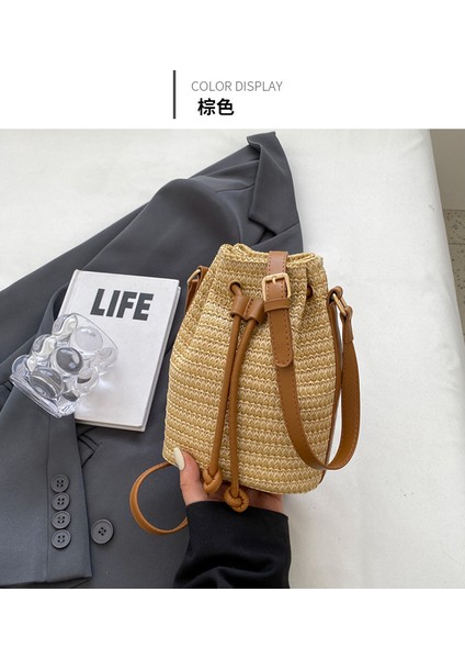 Hasır Çanta Vintage Moda Kova Çanta Dokuma Tek Omuz Çapraz Çanta (Yurt Dışından) fırsatları
