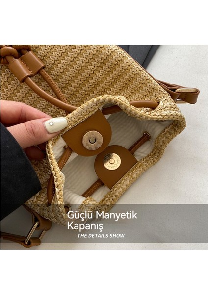 Hasır Çanta Vintage Moda Kova Çanta Dokuma Tek Omuz Çapraz Çanta (Yurt Dışından) indirimleri