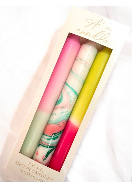 Ae'on 3'lü Şamdan Mum Seti Mermer Desen, Neon, Pastel- Damlatmaz