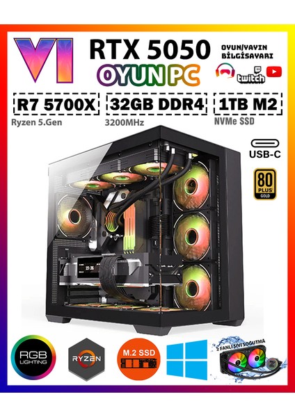 Arkham X7 Ryzen 7 5700X 32GB Ram 1tb M.2 SSD RTX5050 Sıvı Soğutmalı Oyuncu Masaüstü Bilgisayar