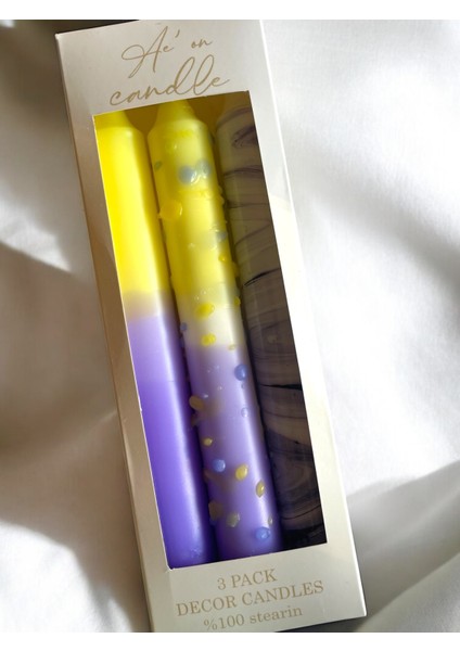 Ae'on 3'lü Şamdan Set Mor-Sarı Mermer Desen, Dip Dye ve Konfeti (Damlatmaz)