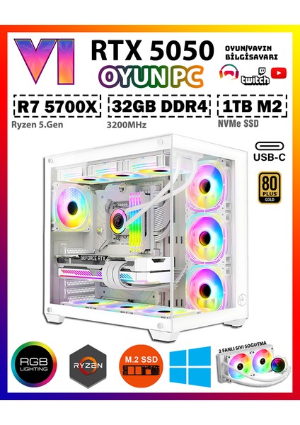 Arkham X7 Pro White Ryzen 7 5700X 32GB 1tb M.2 SSD RTX5050 Sıvı Soğutmalı Oyuncu Masaüstü Bilgisayar