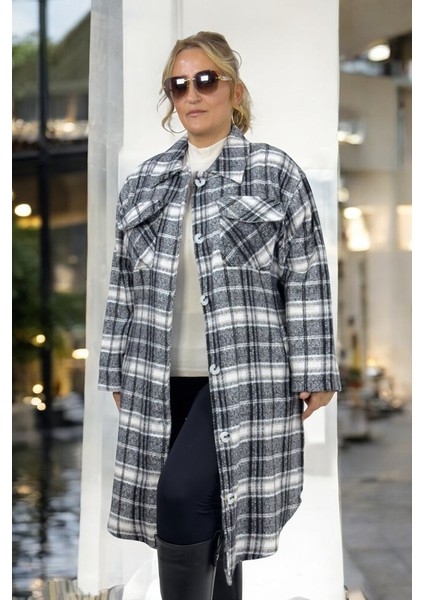 Önden Düğmeli Kuşak Detaylı Oduncu Kumaş Büyük Beden Tunik Elbise