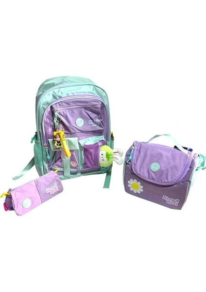 Muggle MU-2021 Funny 3 Bölmeli Sırt Çantası - Beslenme Çantası - Kalem Çantası 3'lü Set Mor