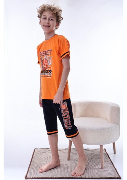 (6-11 Yaş) Basketbol Desenli Erkek Çocuk kapri takım - Turuncu