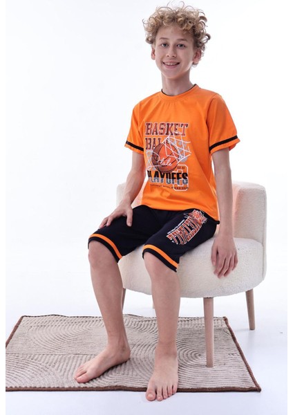 (6-11 Yaş) Basketbol Desenli Erkek Çocuk kapri takım - Turuncu fiyatları