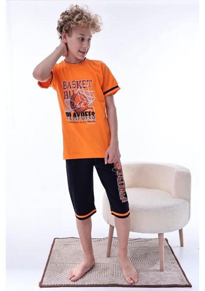 (6-11 Yaş) Basketbol Desenli Erkek Çocuk kapri takım - Turuncu modelleri