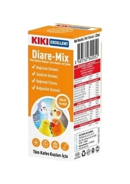 Kiki Excellent Diare Mix Kuşlar Için Ba Ğışıklık ve Sin Dirim Sistemi Destekleyici Sıvı Damla 25 ml
