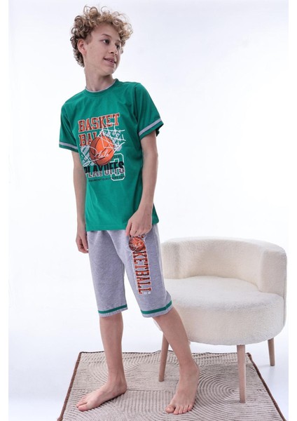 (6-11 Yaş) Basketbol Desenli Erkek Çocuk kapri takım - Yeşil