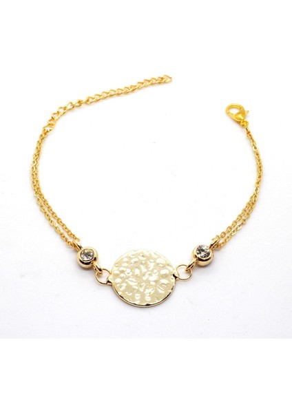 Altın Renk Yuvarlak Desen Figürlü Çift Zincirli Bileklik