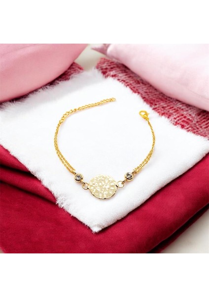 Altın Renk Yuvarlak Desen Figürlü Çift Zincirli Bileklik modelleri