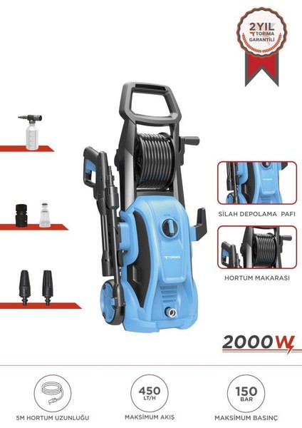 Hpc-01 Mavi Yüksek Basınçlı Oto, Halı, Bahçe Temizleme ve Yıkama Makinesi – 2000W, 150 Bar
