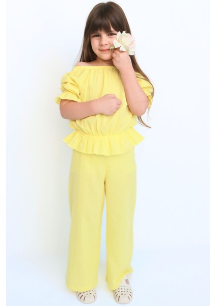 Kız Çocuk Gloria Sarı Şile Bezi Bluz Pantolon Takım