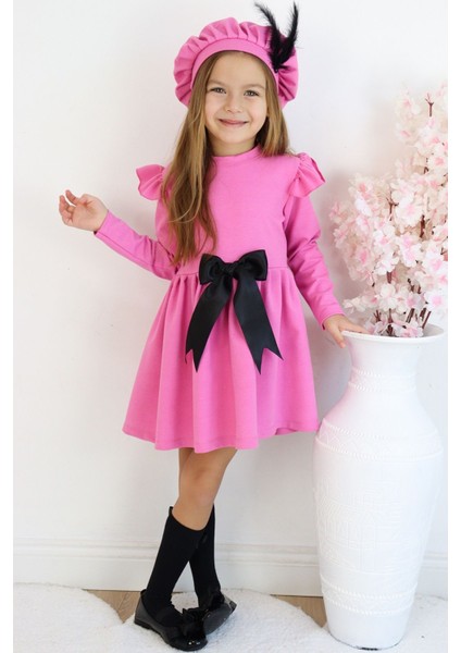Kız Çocuk Pembe Sofia Pamuklu Fiyonk Detaylı Elbise Kep Abiye Takım fiyatları