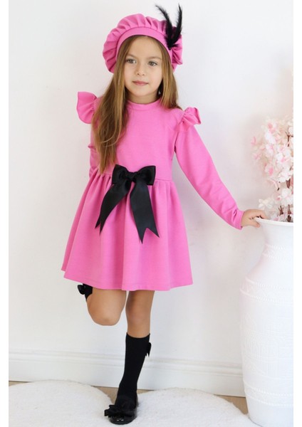 Kız Çocuk Pembe Sofia Pamuklu Fiyonk Detaylı Elbise Kep Abiye Takım indirimleri