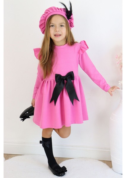 Kız Çocuk Pembe Sofia Pamuklu Fiyonk Detaylı Elbise Kep Abiye Takım