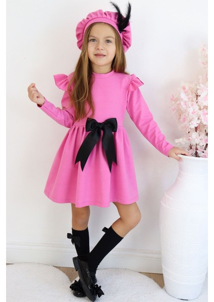 Kız Çocuk Pembe Sofia Pamuklu Fiyonk Detaylı Elbise Kep Abiye Takım