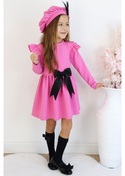 Kız Çocuk Pembe Sofia Pamuklu Fiyonk Detaylı Elbise Kep Abiye Takım