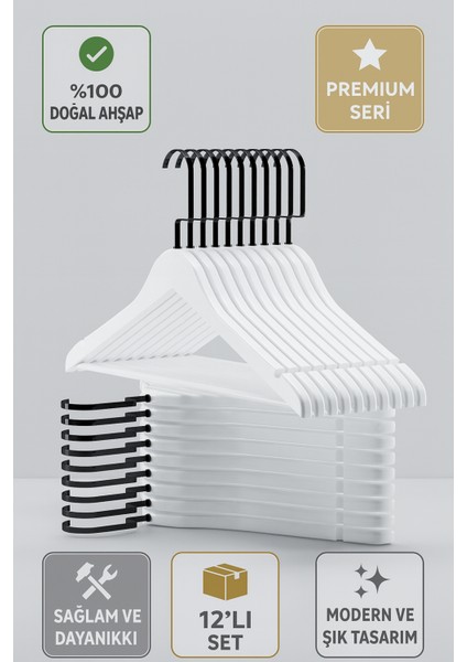 Ahşap Elbise Askısı 12’li Set – Gold Kanca Masif Beyaz Premium Seri
