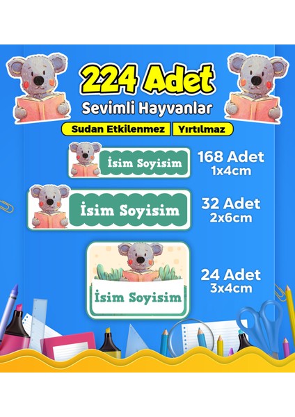 Sevimli Hayvanlar Temalı Okul Kreş Kişiye Özel Isim Etiket Seti - Model 585