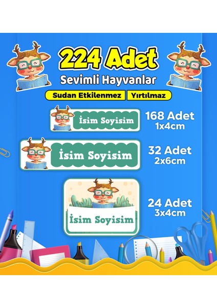 Sevimli Hayvanlar Temalı Okul Kreş Kişiye Özel Isim Etiket Seti - Model 589