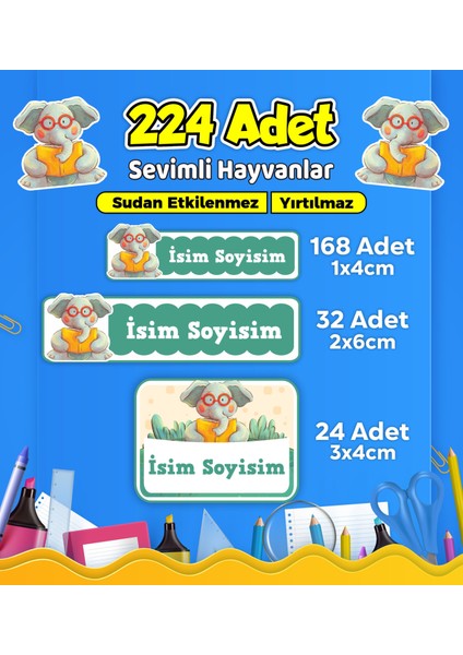 Sevimli Hayvanlar Temalı Okul Kreş Kişiye Özel Isim Etiket Seti - Model 587