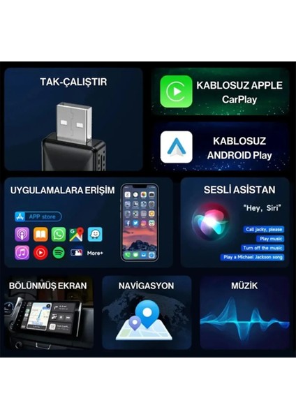 Kablosuz Carplay & Android Auto Adaptörü - Apple ve Android Cihazlar Için Evrensel Wireless Carplay Çevirici modelleri