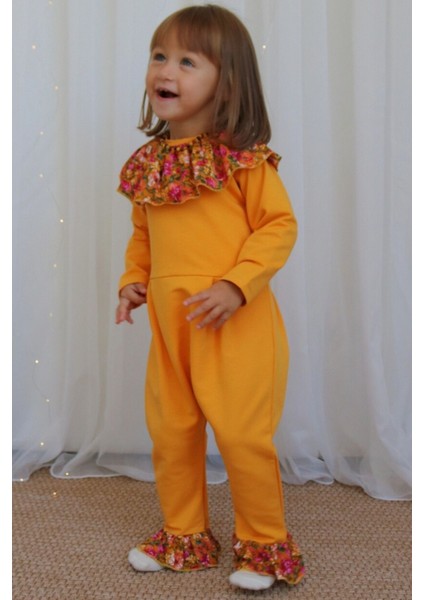 Kız Bebek Lotus Hardal Çiçekli Uzun Kollu Çıtçıtlı Yakalı Tulum