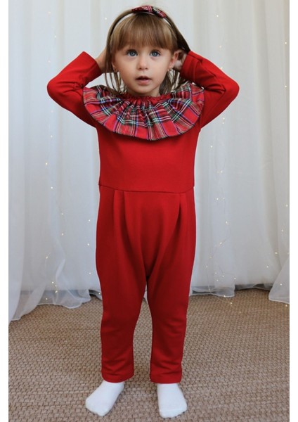 Kız Çocuk Kırmızı Ekose Yakalı Çıtçıt Detaylı Yılbaşı Tulum Salopet