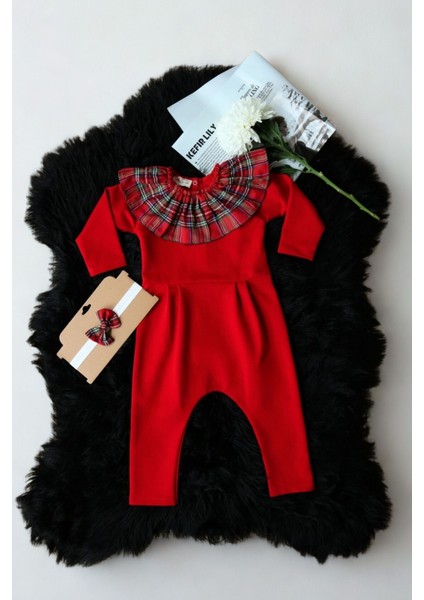 Kız Çocuk Kırmızı Ekose Yakalı Çıtçıt Detaylı Yılbaşı Tulum Salopet fiyatları