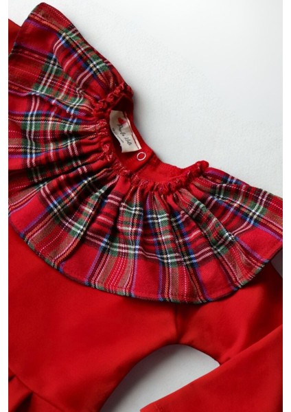 Kız Çocuk Kırmızı Ekose Yakalı Çıtçıt Detaylı Yılbaşı Tulum Salopet modelleri