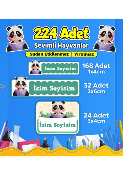 Sevimli Hayvanlar Temalı Okul Kreş Kişiye Özel Isim Etiket Seti - Model 584