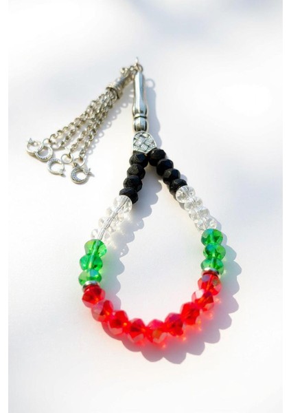 Filistin Bayrak Tasarımlı Kristal Taşlarlı El Yapımı Gümüş Imame Tespih 33'lü A300053 fiyatları