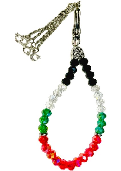 Filistin Bayrak Tasarımlı Kristal Taşlarlı El Yapımı Gümüş Imame Tespih 33'lü A300053 modelleri