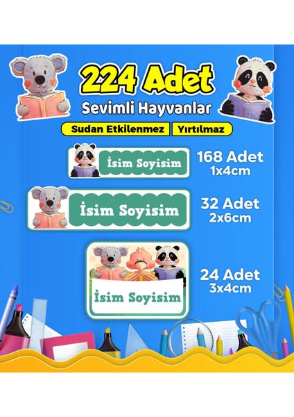 Sevimli Hayvanlar Temalı Okul Kreş Kişiye Özel Isim Etiket Seti - Model 581